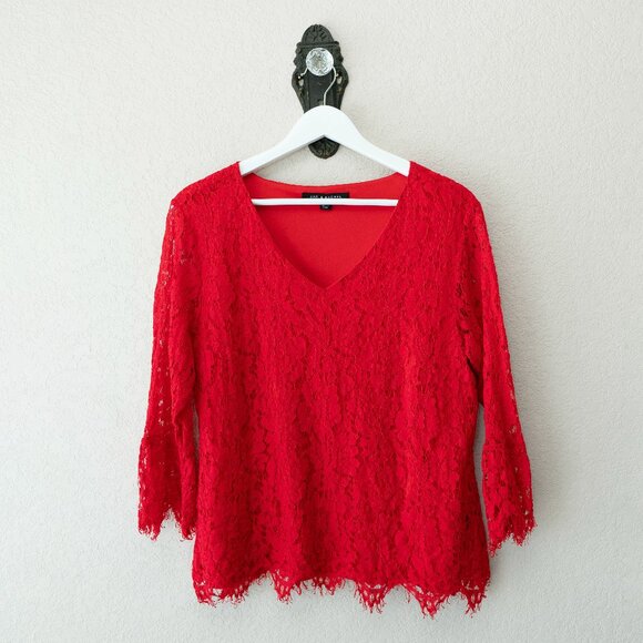 Zac & Rachel Tops - Zac & Rachel Red Lace Top Large V Neck Floral Lace Blouse Lined 3/4 Sleeve